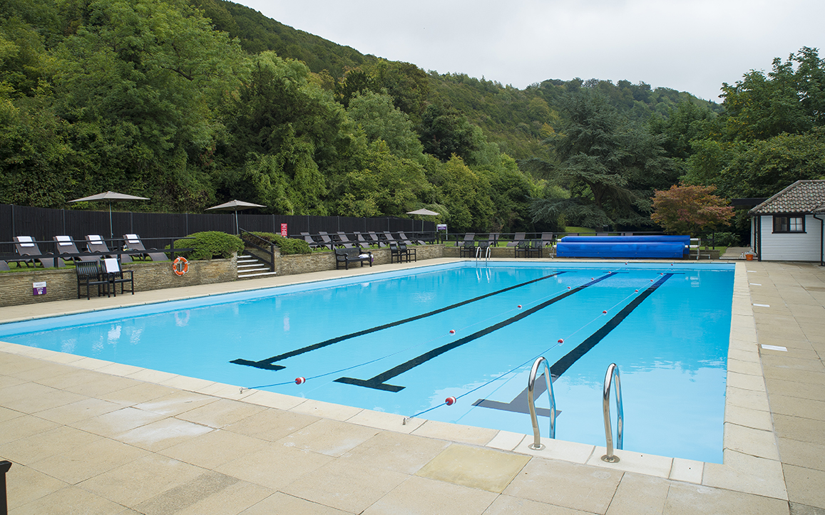 Relaxing Lido pool area at Sunday Box Hill Burford Bridge Hotel